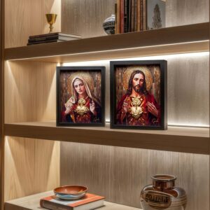 Expressões serenas de Jesus e Maria em tons terrosos